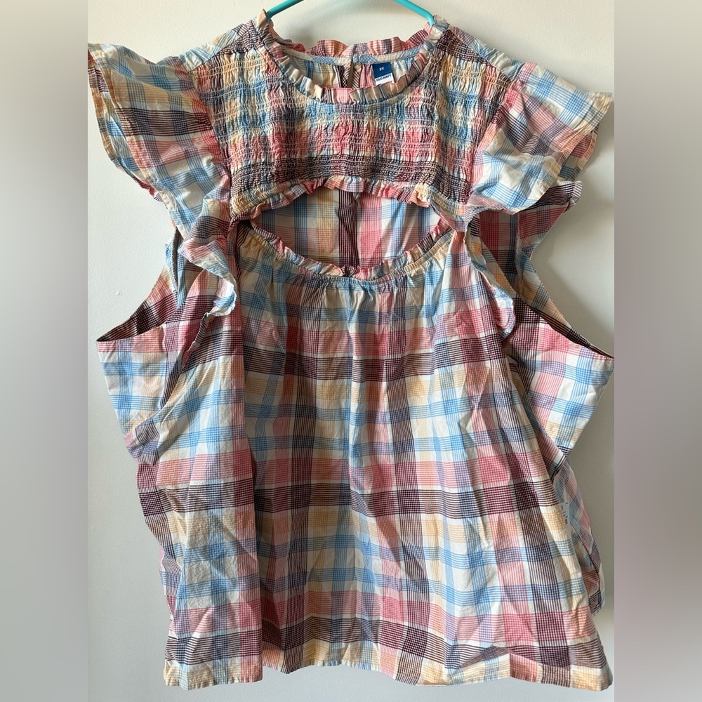 Old Navy Multi Plaid Flutter-Sleeve Smocked Cutout Blouse